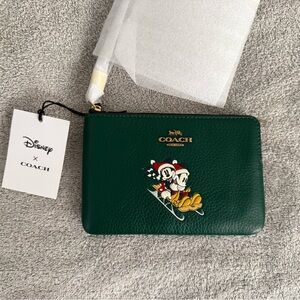 Coach Green Leather Zip Pouch with Mickey & Minnie Motif LIMITED-EDITION